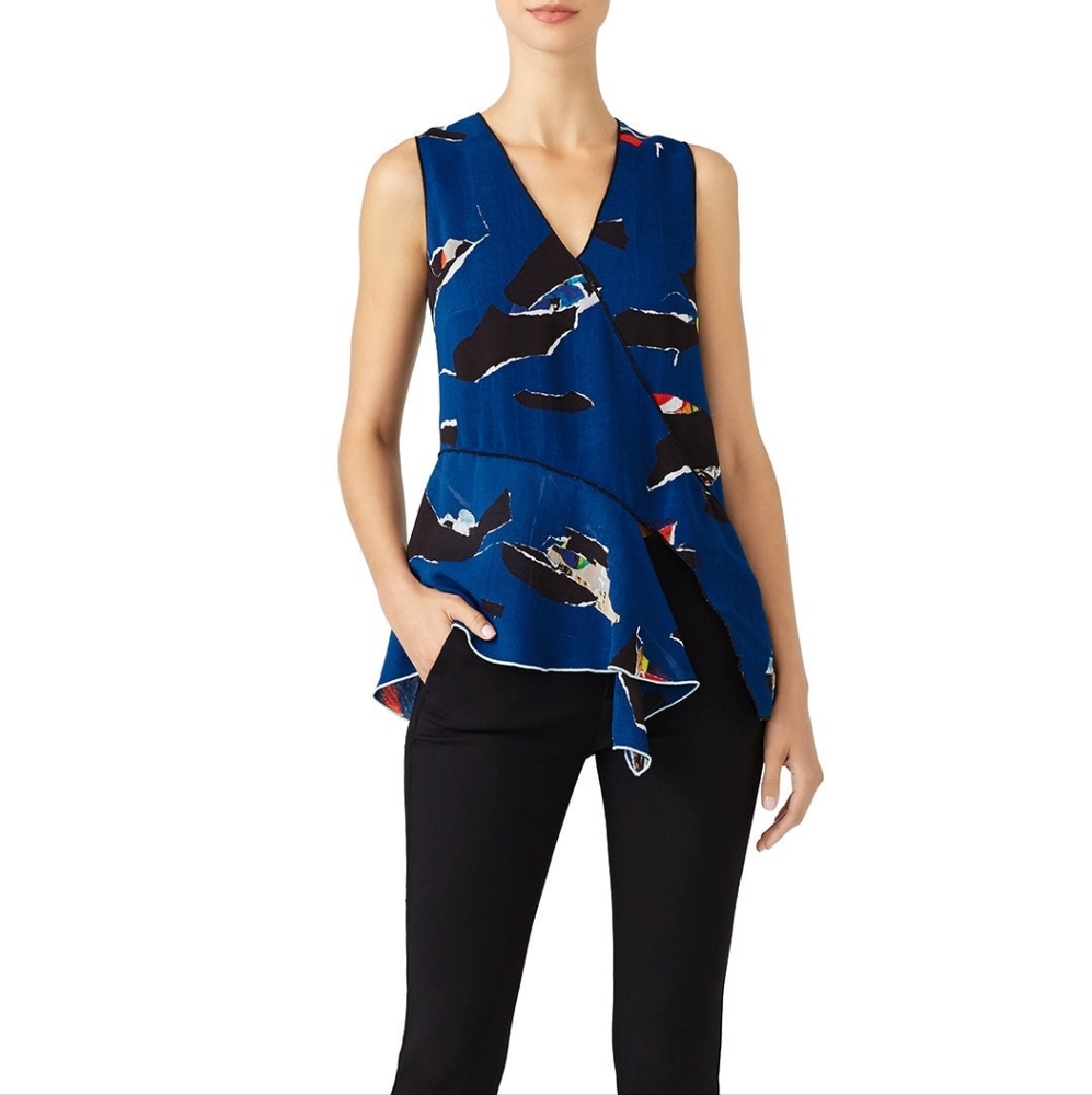 Proenza Schouler Abstract print blue and black sleeveless wrap top Size 4